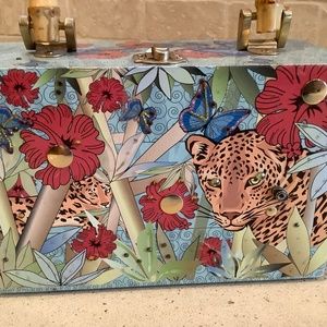 Vintage Tiger Design Handmade Bag multicolored Bamboo look Handle
